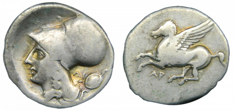 Acarnania - Argos (350-250 aC). Estátera corintia. Cabeza de Atena y Pegaso. Let...