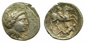 Peonia - Patraos (335-315 aC). Tetradracma. Cabeza de Apolo de estilo arcaico y jinete lanceando enemigo caído. S 1520. 12,3 g. Ar.
(ebc)