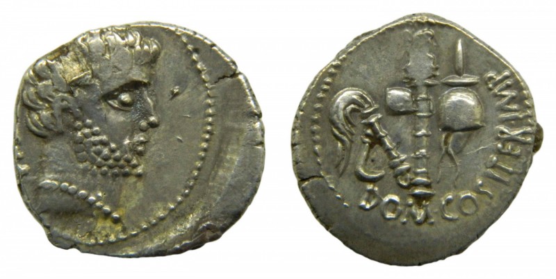HISPANIA ANTIGUA Iberia - Osca (Huesca). Domitius Calvinus (39 aC). Denario. Cab...