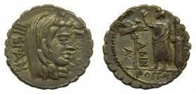 ROMA República - A. Postumius n. Albinus. (81 aC). Denario serratus. (RSC Postumia 8; Sear 297). Cabeza de Hispania en anverso. Reverso descentrado. 3...
