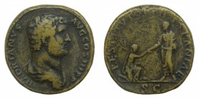 ROMA Imperio - Adriano (117-138 dC). Sestercio. a/ HADRIANVS AVG COS III P P. r/ RESTITVTORI HISPANIAE - S C (RIC 952; Sear 3633). 26,1 g. 
mbc-/bc+