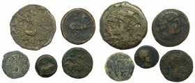 lotes - Iberia. Lote de 5 monedas de bronce a identificar. Incluye cecas del norte (Contebacom, etc.) y del sur (un raro Gades romano, etc.).
RC+ a M...