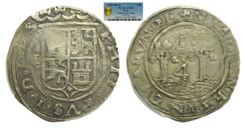 Felipe II (1556-1598). 4 Reales. S/F. Ceca de Lima. Ensayador R. (Alonso Rincon)...