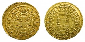 Felipe V (1700-1746). 1714 M. 8 Escudos. Sevilla. (Cal.175)(AC 2284). Au 26,68 gr. Tipo "cruz". (8 S 8 M ) Desplazada. Muy rara.
mbc