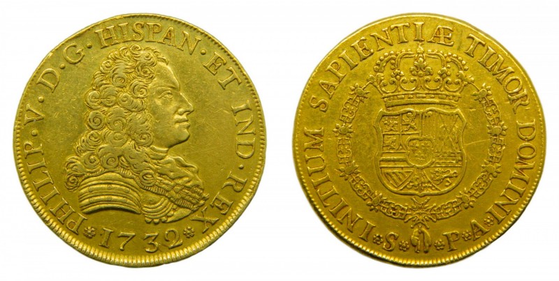 Felipe V (1700-1746). 1732 PA. 8 Escudos. Sevilla. (Cal.198)(AC 2307). Au 27,01 ...