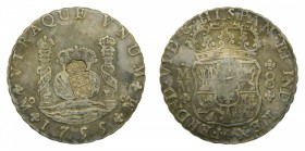 Fernando VI (1746-1759). 1755 MM. 8 Reales. México. (Cal.338)( AC. 489). Ag 26,94 gr. Resello escudo de Portugal para circular como 870 reis. (De Mey ...
