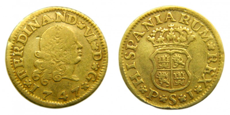 Fernando VI (1746-1759). 1747. PJ. 1/2 Escudo. Sevilla. (Cal. 260). Au 1,75 gr. ...