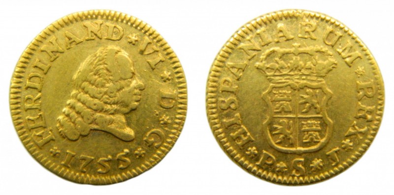 Fernando VI (1746-1759). 1755. PJ. 1/2 Escudo. Sevilla. (Cal. 268). Au 1,76gr.
...