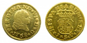 Fernando VI (1746-1759). 1758. JV. 1/2 Escudo. Sevilla. (Cal. 275). Au 1,75 gr. Estrellas acotando ceca y ensayador.
mbc+/ebc-