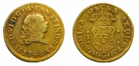 Fernando VI (1746-1759). 1748. MF. 1 Escudo. México. (Cal. 213). Au 3,40 gr. Bonito color. Rara.
mbc+