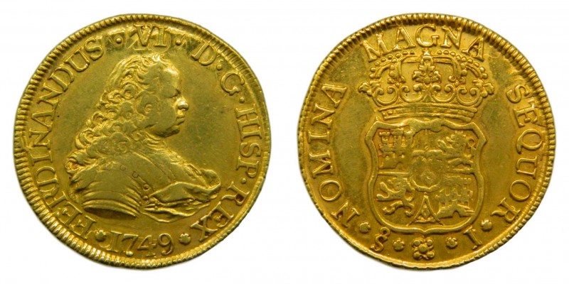 Fernando VI (1746-1759). 1749. J. 4 Escudos. Santiago. (Cal. 133)(AC 740). Au 13...