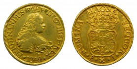 Fernando VI (1746-1759). 1749. J. 4 Escudos. Santiago. (Cal. 133)(AC 740). Au 13,42 gr. Muy bonita. Rara.
mbc