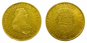 Fernando VI (1746-1759). 1756. JM. 8 Escudos. Lima. (Cal. 24)(AC 771). Au 27 gr. Limpiada. Leve limadura en canto.
mbc
