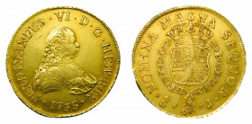 Fernando VI (1746-1759). 1753. J. 8 Escudos. Santiago. (Cal. 74) (AC 827). Au 27,02gr. Rotura de cuño en reverso. Escasa.
mbc