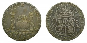 Carlos III (1759-1788). 1762 MM. 8 Reales. México. Columnario. (cal.891) (AC.1080). 26,92 gr Ag. Cruz entre H e I. Bonita pátina.
mbc+/ebc-