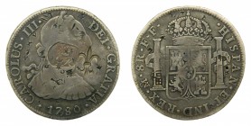 Carlos III (1759-1788) 1780 FF . 8 Reales. México (cal.930) (AC.1120) 26,43 gr. Resellos de (Belize-Honduras Británica). (De Mey 371). Resello GR bajo...