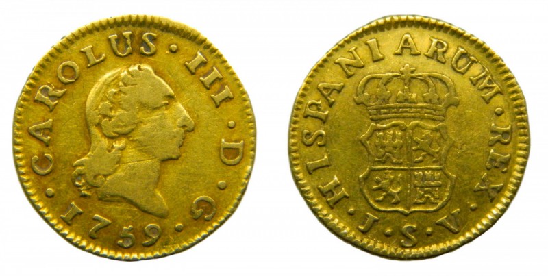 Carlos III (1759-1788). 1759. JV. 1/2 Escudo. Sevilla. (Cal. 783). Au 1,74 gr.
...
