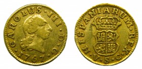 Carlos III (1759-1788). 1767. VC. 1/2 Escudo. Sevilla. (Cal. 790). Au 1,75 gr.
bc+