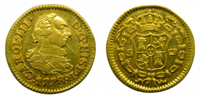 Carlos III (1759-1788). 1778 CF. 1/2 Escudo. Sevilla. (Cal. 801). Au 1,79 gr. Ra...