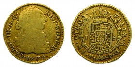 Carlos III (1759-1788). 1776. SF. 1 Escudo. Popayán. (Cal. 675). Au 2,84 gr.
bc