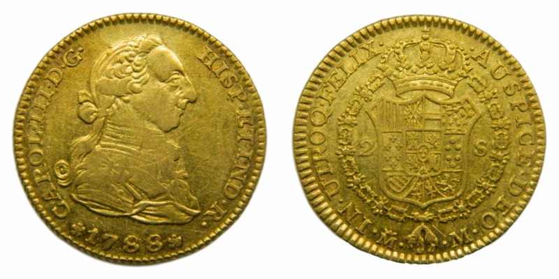 Carlos III (1759-1788). 1788. M. 2 Escudos. Madrid. (Cal. 459). Au 6,84 gr.
mbc...