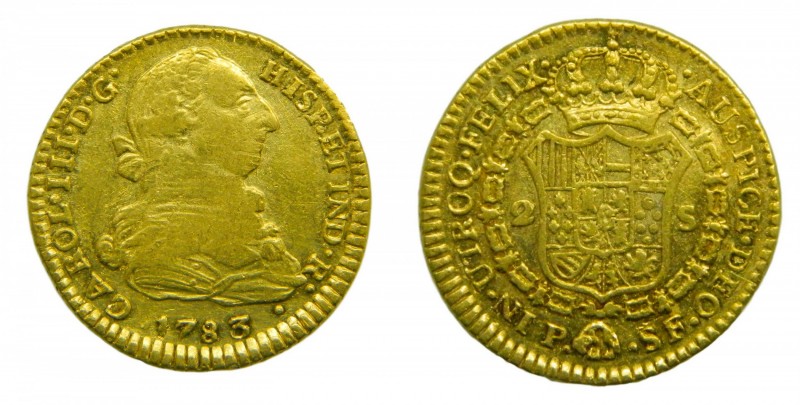 Carlos III (1759-1788). 1783. SF. 2 Escudos. Popayán. (Cal. 513). Au 6,69 gr.
m...