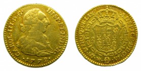 Carlos III (1759-1788). 1772. VJ. 2 Escudos. Santa Fe. Nuevo Reino. (Cal.549 ). Au 6,66 gr.
mbc