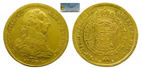 Carlos III (1759-1788). 1775 FM. 4 Escudos. México. (Cal. 332)(AC 1813). (PCGS AU55). Au 13,52 gr. Ceca y ensayador boca abajo. Restos de brillo origi...