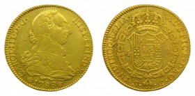 Carlos III (1759-1788). 1788/7 C. 4 Escudos. Sevilla. (Cal. 412 var)(AC 1903 var.). Au 13,45 gr. Sobrefecha.
mbc+/ebc-