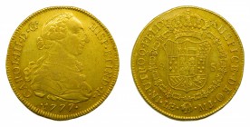 Carlos III (1759-1788). 1777 MJ. 8 Escudos. Lima. (Cal. 32)(AC 1937). Au 27 gr. Leves rayitas de ajuste en reverso. Defecto en canto.
mbc