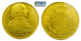 Carlos III (1759-1788). 1774 PJ. 8 Escudos. Madrid. (Cal. 54)(AC 1960). (PCGS MS61)Au 27,06 gr. Brillo original. 
MS61