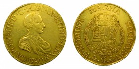 Carlos III (1759-1788). 1760 MM. 8 Escudos. México. (Cal. 69(AC 1977)). Au 27,09 gr. El toisón cuelga del busto. Muy rara.
mbc