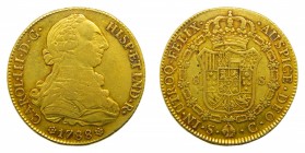 Carlos III (1759-1788). 1788 C. 8 Escudos. Sevilla. (Cal. 263)(AC 2194). 26,86 gr Au. Leves hojitas en reverso.
mbc