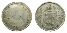 Carlos IV (1788-1808). 1808 FJ. 4 Reales. Santiago. (Cal. 907 Var)(AC 873). 13,25 gr Ag.
mbc