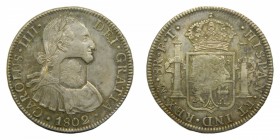 Carlos IV (1788-1808). 1802 FT. 8 Reales. México (Cal.698)( AC975). Ag 26,92 gr. Resello octagonal de Jorge III realizado por el Banco de Inglaterra p...