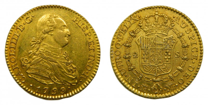 Carlos IV (1788-1808). 1799 MF. 2 Escudos. Madrid. (Cal. 336). Au 6,75 gr.
mbc+