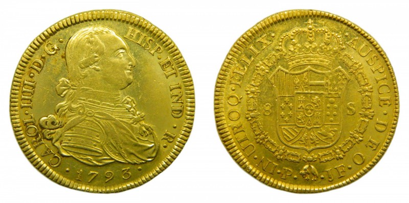 Carlos IV (1788-1808). 1793 JF. 8 Escudos. Popayán. (Cal. 71)(AC 1664). Au 27,11...