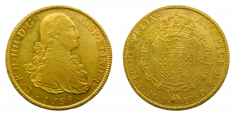 Carlos IV (1788-1808). 1798 PP. 8 Escudos. Potosí. (Cal. 105)(AC 1704). Au 27 gr...