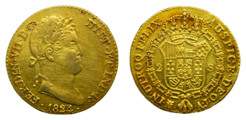 Fernando VII (1808-1833). 1824 AJ. 2 Escudos. Madrid. (Cal. 221). Au 6,75 gr.
m...