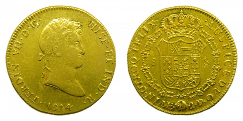 Fernando VII (1808-1833). 1814 JP. 8 Escudos. Lima. (Cal. 20)(AC 1761). Au 26,96...