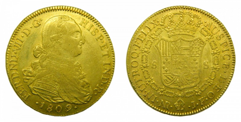 Fernando VII (1808-1833). 1809 JF. 8 Escudos. Santa fe de Nuevo Reino. (Cal. 94)...