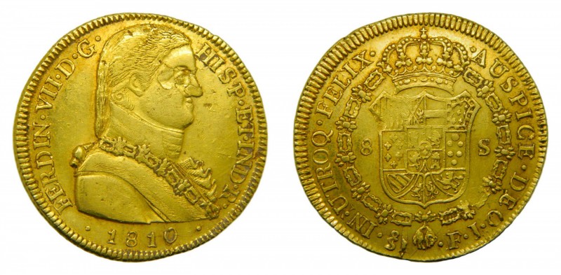 Fernando VII (1808-1833). 1810 FJ. 8 Escudos. Santiago. (Cal. 114)(AC 1863). Au ...