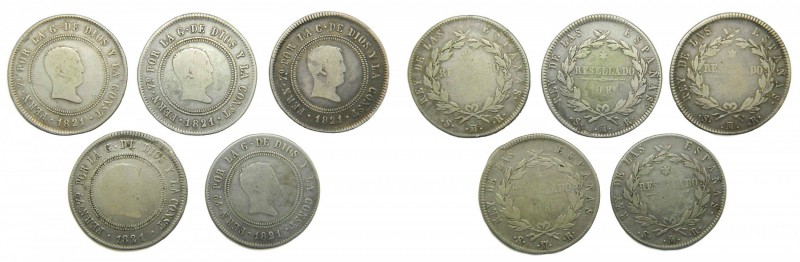 Fernando VII (1808-1833). Lote 5 monedas de 10 reales resellados. 1821 SR Madrid...