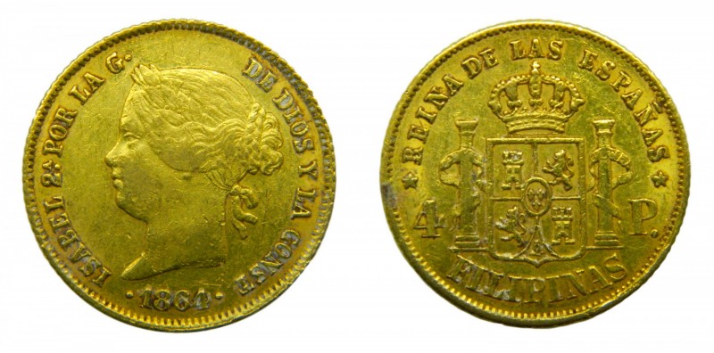 Isabel II (1833-1868). 1864. 4 Pesos. Manila. (Cal. 128). Au 6,72 gr.
mbc