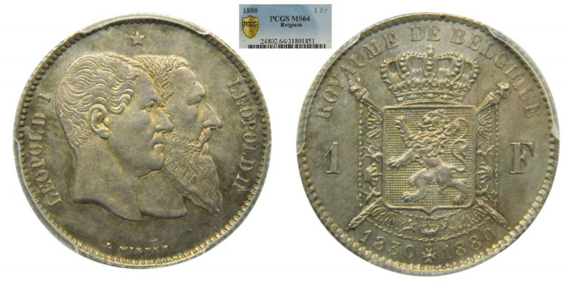 Belgica 1880. 1 Franco. Leopoldo II. (km#38). (PCGS MS64). 50 Th Anniversary of ...