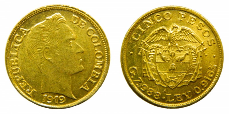 Colombia 1919. 5 pesos. (km#201.1) 7,94 gr Au.
sc