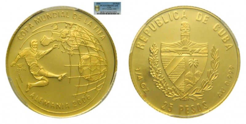 Cuba 2004. 25 pesos. (km#922). 7,78 gr Au 999. 1/4 oz.(PCGS PR64 DCAM). Copa mun...