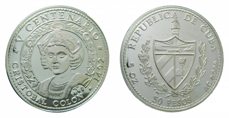 Cuba 1990. 50 pesos (km#294). 155,52 gr Ag 5 oz. Cristóbal Colón. Tirada: 2000 u...