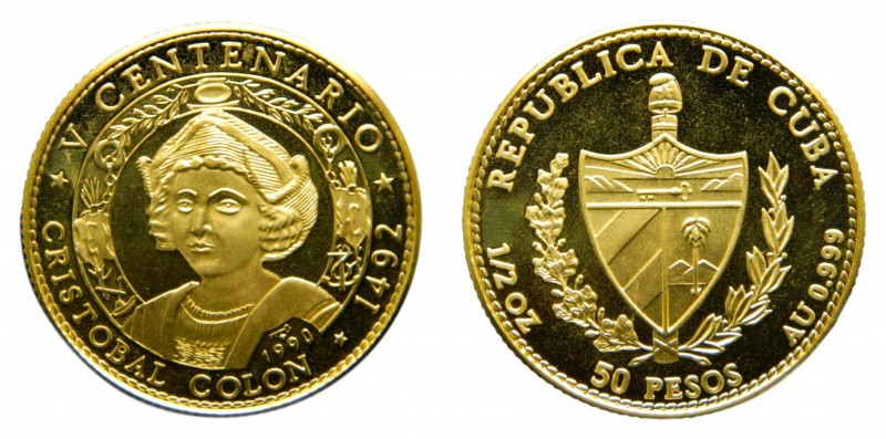 Cuba 1990. 50 pesos (km#298). 15,55 gr Au Proof. 1/2 oz. 500 th Anniversary Disc...