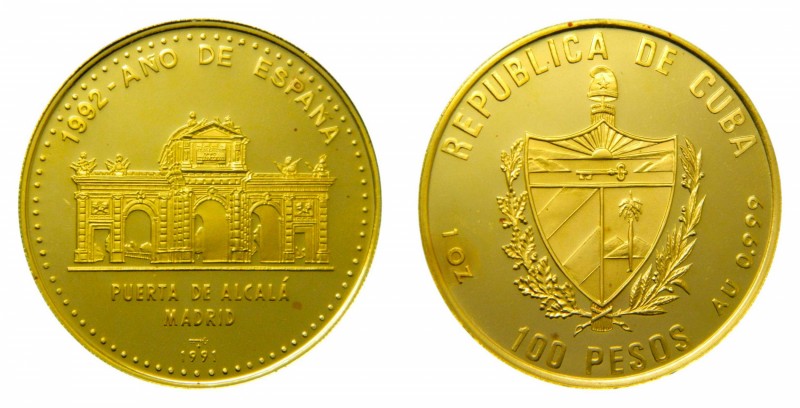 Cuba 1991. 100 pesos (km#535). 31,13 gr Au Proof. 1 oz. Puerta de Alcalá. Madrid...